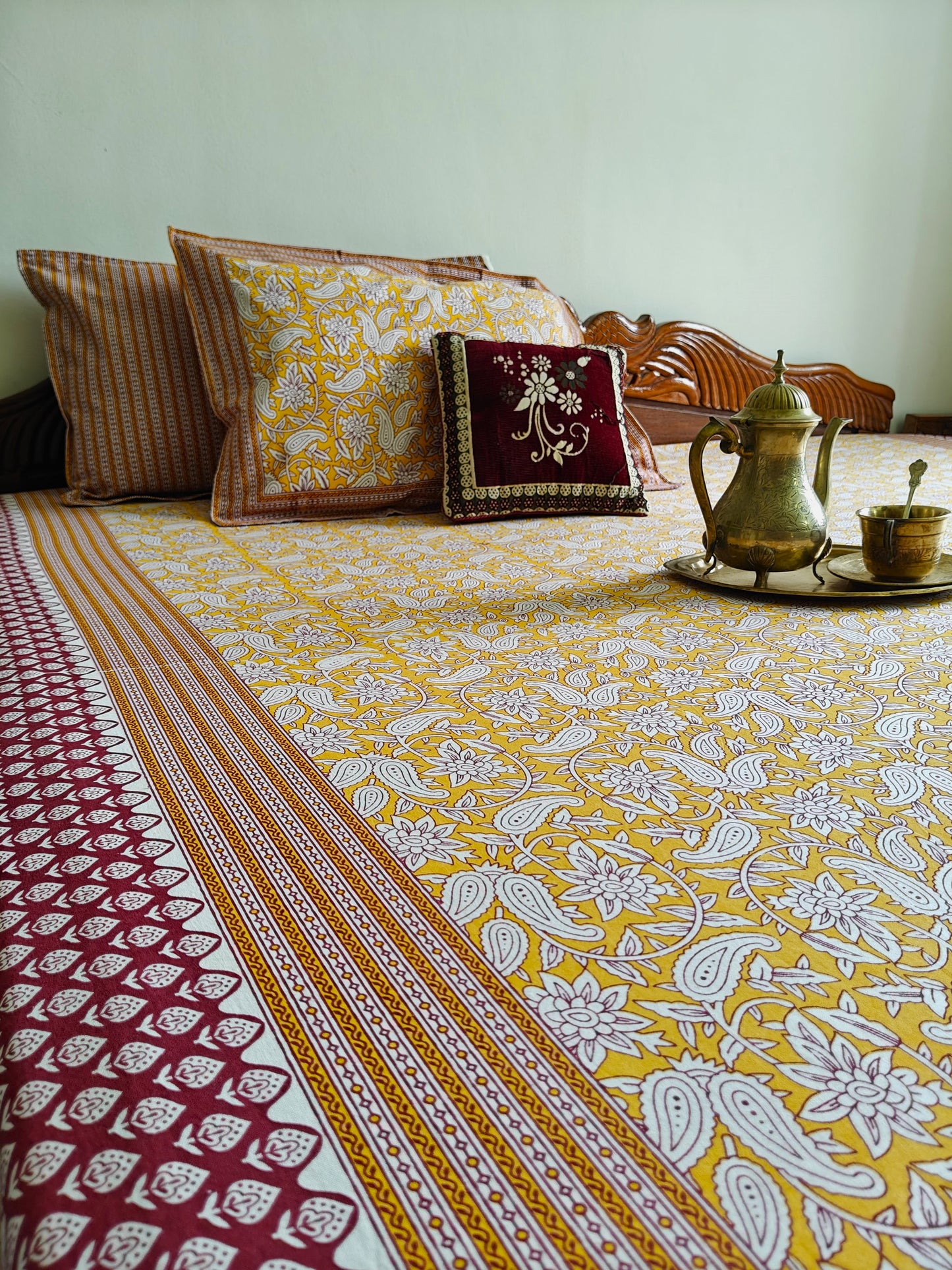 ArtbyKAMASK 100% Organic Cotton Hand Block Printed Double Bed Sheet - 210 TC Double Bed Sheet in Queen Size - Size - 90 X 108 Inches (228 x 274 cms) - 1 Bedsheet and 2 Pillow Covers - Tanvi Yellow and 2 Variants