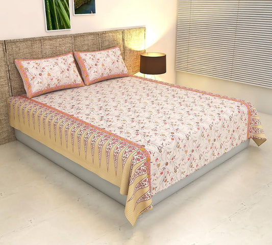ArtbyKAMASK 100% Organic Cotton Hand Block Printed Double Bed Sheet - 210 TC Double Bed Sheet in Queen Size - Size - 90 X 108 Inches (228 x 274 cms) - 1 Bedsheet and 2 Pillow Covers - Ishwari Yellow + 2 Variants