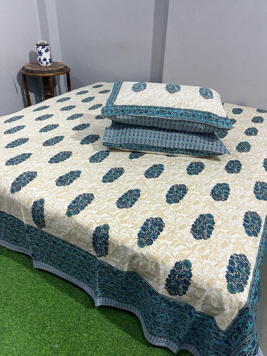 ArtbyKAMASK 100% Organic Cotton Hand Block Printed Double Bed Sheet - 210 TC Double Bed Sheet in King Size - Size - 108 X 108 Inches 274 x 274 cms) - 1 Bedsheet and 2 Pillow Covers - Bhavya Blue + 3 Variants