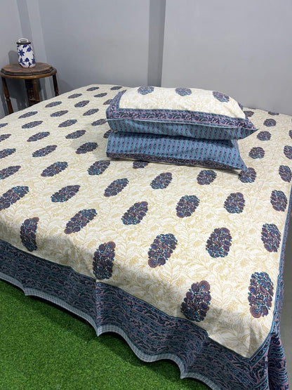 ArtbyKAMASK 100% Organic Cotton Hand Block Printed Double Bed Sheet - 210 TC Double Bed Sheet in King Size - Size - 108 X 108 Inches 274 x 274 cms) - 1 Bedsheet and 2 Pillow Covers - Bhavya Blue + 3 Variants