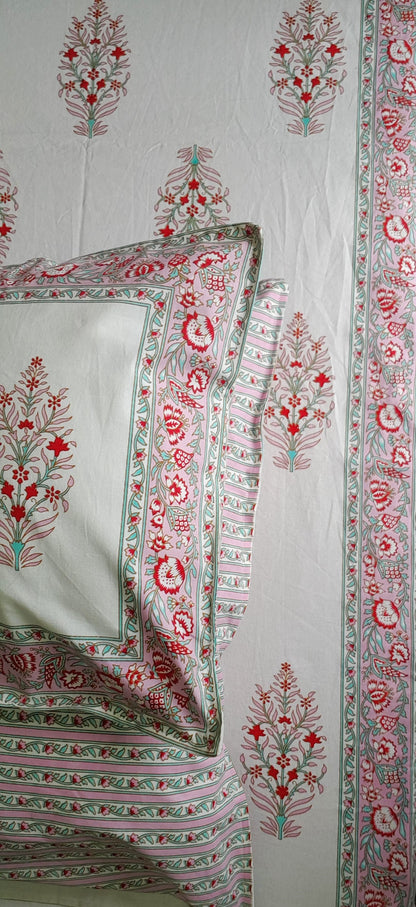 ArtbyKAMASK 100% Organic Cotton Hand Block Printed Double Bed Sheet - 210 TC Double Bed Sheet in Queen Size - Size - 90 X 108 Inches (228 x 274 cms) - 1 Bedsheet and 2 Pillow Covers - Ragni Pink + 2 Variants