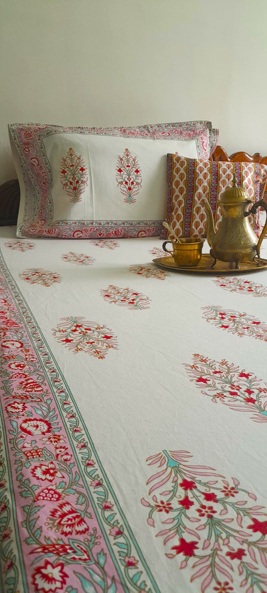 ArtbyKAMASK 100% Organic Cotton Hand Block Printed Double Bed Sheet - 210 TC Double Bed Sheet in Queen Size - Size - 90 X 108 Inches (228 x 274 cms) - 1 Bedsheet and 2 Pillow Covers - Ragni Pink + 2 Variants