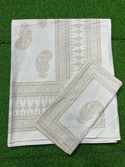 ArtbyKAMASK 100% Organic Cotton Hand Block Printed Double Bed Sheet - 210 TC Double Bed Sheet in Queen Size - Size - 90 X 108 Inches (228 x 274 cms) - 1 Bedsheet and 2 Pillow Covers - Yamuna White & Gold in 15 Variants