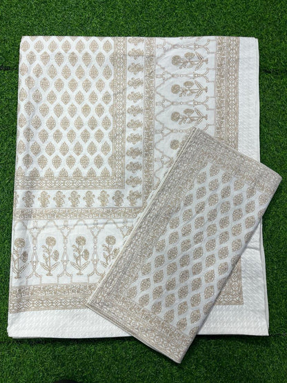 ArtbyKAMASK 100% Organic Cotton Hand Block Printed Double Bed Sheet - 210 TC Double Bed Sheet in Queen Size - Size - 90 X 108 Inches (228 x 274 cms) - 1 Bedsheet and 2 Pillow Covers - Yamuna White & Gold in 15 Variants
