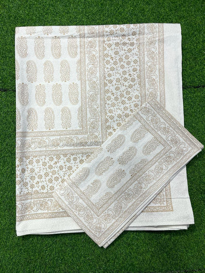 ArtbyKAMASK 100% Organic Cotton Hand Block Printed Double Bed Sheet - 210 TC Double Bed Sheet in Queen Size - Size - 90 X 108 Inches (228 x 274 cms) - 1 Bedsheet and 2 Pillow Covers - Yamuna White & Gold in 15 Variants