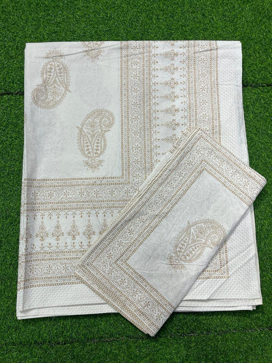 ArtbyKAMASK 100% Organic Cotton Hand Block Printed Double Bed Sheet - 210 TC Double Bed Sheet in Queen Size - Size - 90 X 108 Inches (228 x 274 cms) - 1 Bedsheet and 2 Pillow Covers - Yamuna White & Gold in 15 Variants