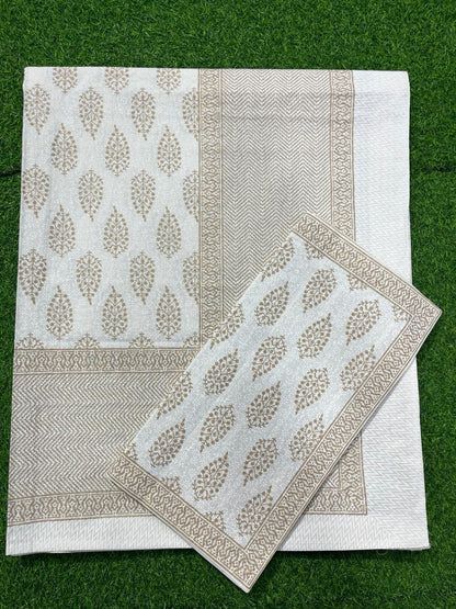 ArtbyKAMASK 100% Organic Cotton Hand Block Printed Double Bed Sheet - 210 TC Double Bed Sheet in Queen Size - Size - 90 X 108 Inches (228 x 274 cms) - 1 Bedsheet and 2 Pillow Covers - Yamuna White & Gold in 15 Variants