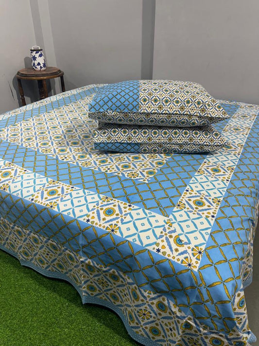 ArtbyKAMASK 100% Organic Cotton Hand Block Printed Double Bed Sheet I 210 TC Double Bed Sheet in King Size I Size - 108 X 108 Inches 274 x 274 cms) I 1 Bedsheet and 2 Pillow Covers I Anjali Blue + 2 Vriants