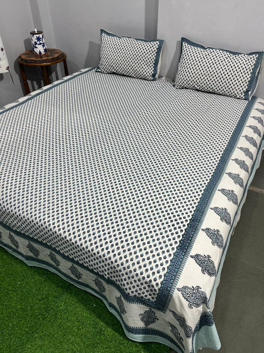 ArtbyKAMASK 100% Organic Cotton Hand Block Printed Double Bed Sheet I 210 TC Double Bed Sheet in King Size I Size - 108 X 108 Inches 274 x 274 cms) I 1 Bedsheet and 2 Pillow Covers I Arundhuti Blue + 2 Variants
