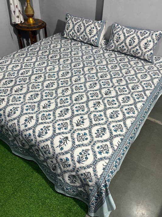 ArtbyKAMASK 100% Organic Cotton Hand Block Printed Double Bed Sheet - 210 TC Double Bed Sheet in Queen Size - Size - 90 X 108 Inches (228 x 274 cms) - 1 Bedsheet and 2 Pillow Covers - Avantika Blue + 2 Variants