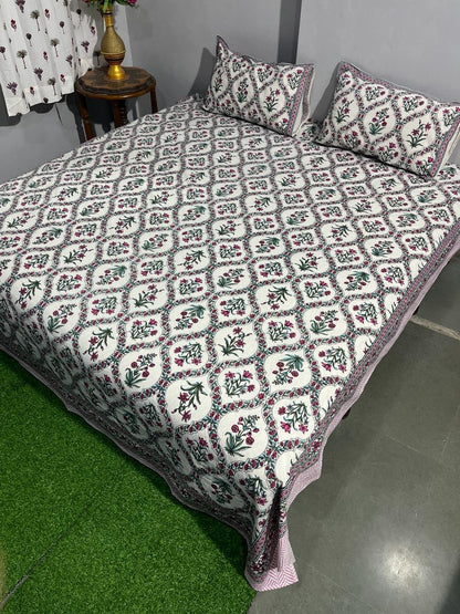 ArtbyKAMASK 100% Organic Cotton Hand Block Printed Double Bed Sheet - 210 TC Double Bed Sheet in Queen Size - Size - 90 X 108 Inches (228 x 274 cms) - 1 Bedsheet and 2 Pillow Covers - Avantika Blue + 2 Variants