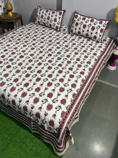 ArtbyKAMASK 100% Organic Cotton Hand Block Printed Double Bed Sheet - 210 TC Double Bed Sheet in Queen Size - Size - 90 X 108 Inches (228 x 274 cms) - 1 Bedsheet and 2 Pillow Covers - Avni Blue + 2 Variants