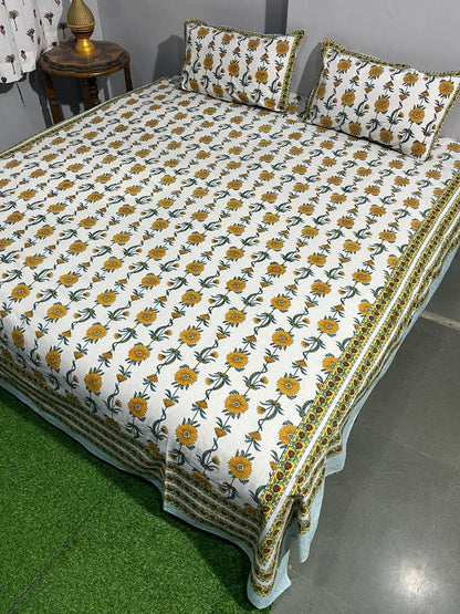 ArtbyKAMASK 100% Organic Cotton Hand Block Printed Double Bed Sheet - 210 TC Double Bed Sheet in Queen Size - Size - 90 X 108 Inches (228 x 274 cms) - 1 Bedsheet and 2 Pillow Covers - Avni Blue + 2 Variants