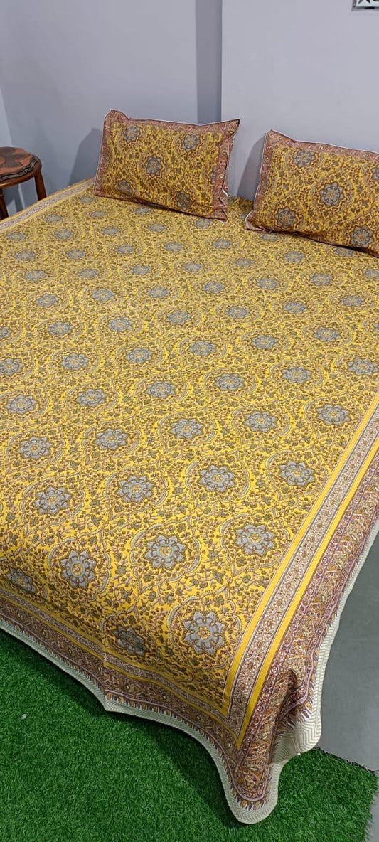 ArtbyKAMASK 100% Organic Cotton Hand Block Printed Double Bed Sheet - 210 TC Double Bed Sheet in King Size - Size - 108 X 108 Inches 274 x 274 cms) - 1 Bedsheet and 2 Pillow Covers - Bhagyashree Orange + 2 Variants