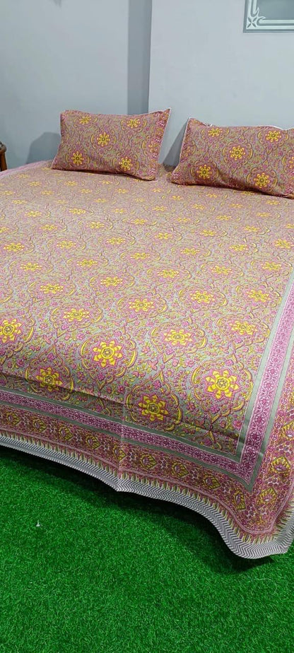 ArtbyKAMASK 100% Organic Cotton Hand Block Printed Double Bed Sheet - 210 TC Double Bed Sheet in King Size - Size - 108 X 108 Inches 274 x 274 cms) - 1 Bedsheet and 2 Pillow Covers - Bhagyashree Orange + 2 Variants