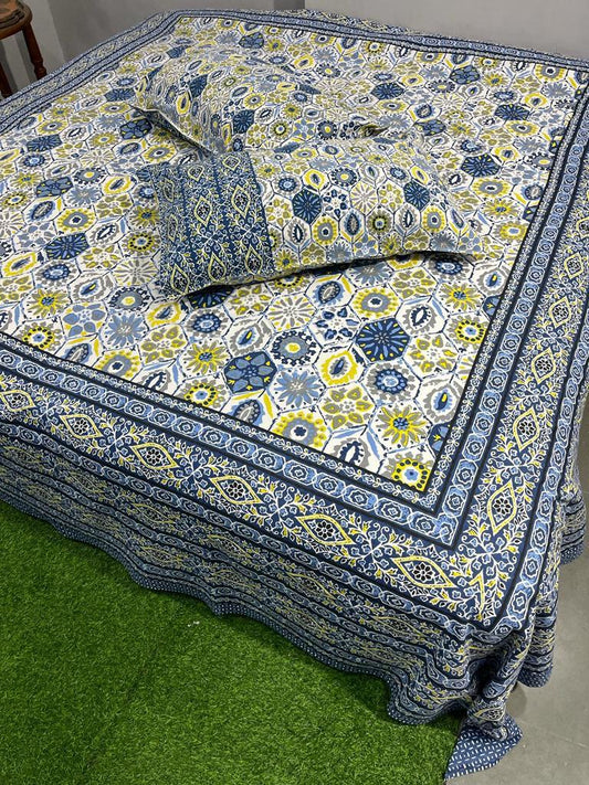 ArtbyKAMASK 100% Organic Cotton Hand Block Printed Double Bed Sheet - 210 TC Double Bed Sheet in King Size - Size - 108 X 108 Inches 274 x 274 cms) - 1 Bedsheet and 2 Pillow Covers - Jivika Blue + 2 Variants