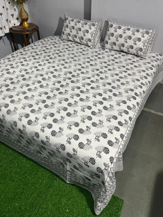 ArtbyKAMASK 100% Organic Cotton Hand Block Printed Double Bed Sheet - 210 TC Double Bed Sheet in King Size - Size - 108 X 108 Inches 274 x 274 cms) - 1 Bedsheet and 2 Pillow Covers - Chandrika Black + 2 Variants