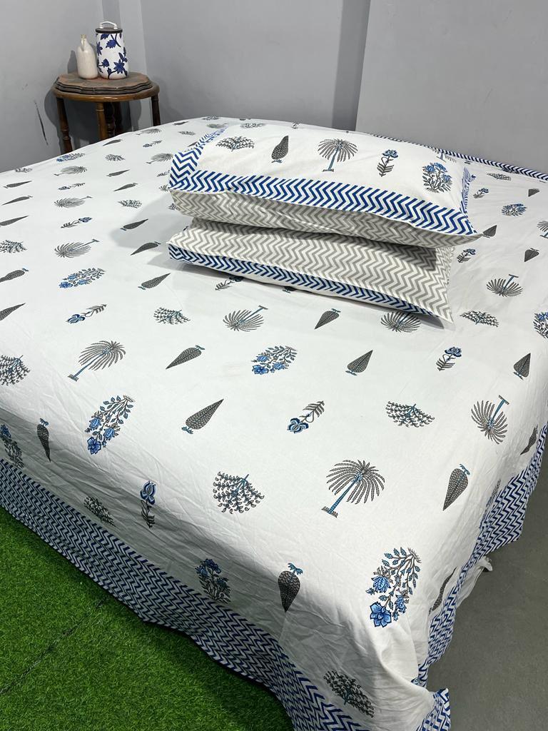 ArtbyKAMASK 100% Organic Cotton Hand Block Printed Double Bed Sheet I 210 TC Double Bed Sheet in King Size I Size - 108 X 108 Inches 274 x 274 cms) I 1 Bedsheet and 2 Pillow Covers I Charu Blue + 2 Variants