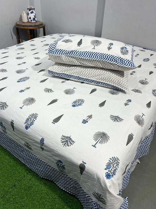 ArtbyKAMASK 100% Organic Cotton Hand Block Printed Double Bed Sheet I 210 TC Double Bed Sheet in King Size I Size - 108 X 108 Inches 274 x 274 cms) I 1 Bedsheet and 2 Pillow Covers I Charu Blue + 2 Variants
