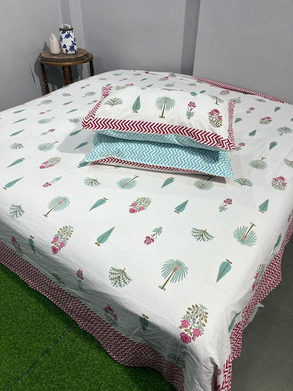 ArtbyKAMASK 100% Organic Cotton Hand Block Printed Double Bed Sheet I 210 TC Double Bed Sheet in King Size I Size - 108 X 108 Inches 274 x 274 cms) I 1 Bedsheet and 2 Pillow Covers I Charu Blue + 2 Variants