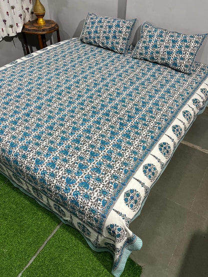 ArtbyKAMASK 100% Organic Cotton Hand Block Printed Double Bed Sheet - 210 TC Double Bed Sheet in Queen Size - Size - 90 X 108 Inches (228 x 274 cms) - 1 Bedsheet and 2 Pillow Covers - Chinmayee Blue + 3 Variants