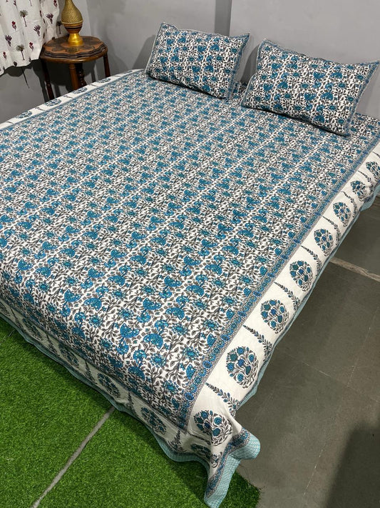 ArtbyKAMASK 100% Organic Cotton Hand Block Printed Double Bed Sheet - 210 TC Double Bed Sheet in Queen Size - Size - 90 X 108 Inches (228 x 274 cms) - 1 Bedsheet and 2 Pillow Covers - Chinmayee Blue + 3 Variants