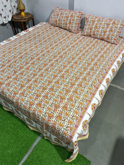 ArtbyKAMASK 100% Organic Cotton Hand Block Printed Double Bed Sheet - 210 TC Double Bed Sheet in Queen Size - Size - 90 X 108 Inches (228 x 274 cms) - 1 Bedsheet and 2 Pillow Covers - Chinmayee Blue + 3 Variants