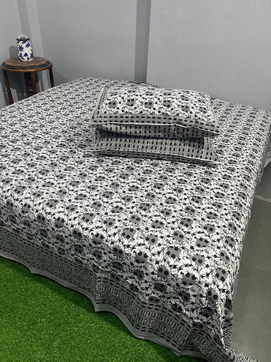 ArtbyKAMASK 100% Organic Cotton Hand Block Printed Double Bed Sheet - 210 TC Double Bed Sheet in King Size - Size - 108 X 108 Inches 274 x 274 cms) - 1 Bedsheet and 2 Pillow Covers - Daksha Grey + 2 Variants