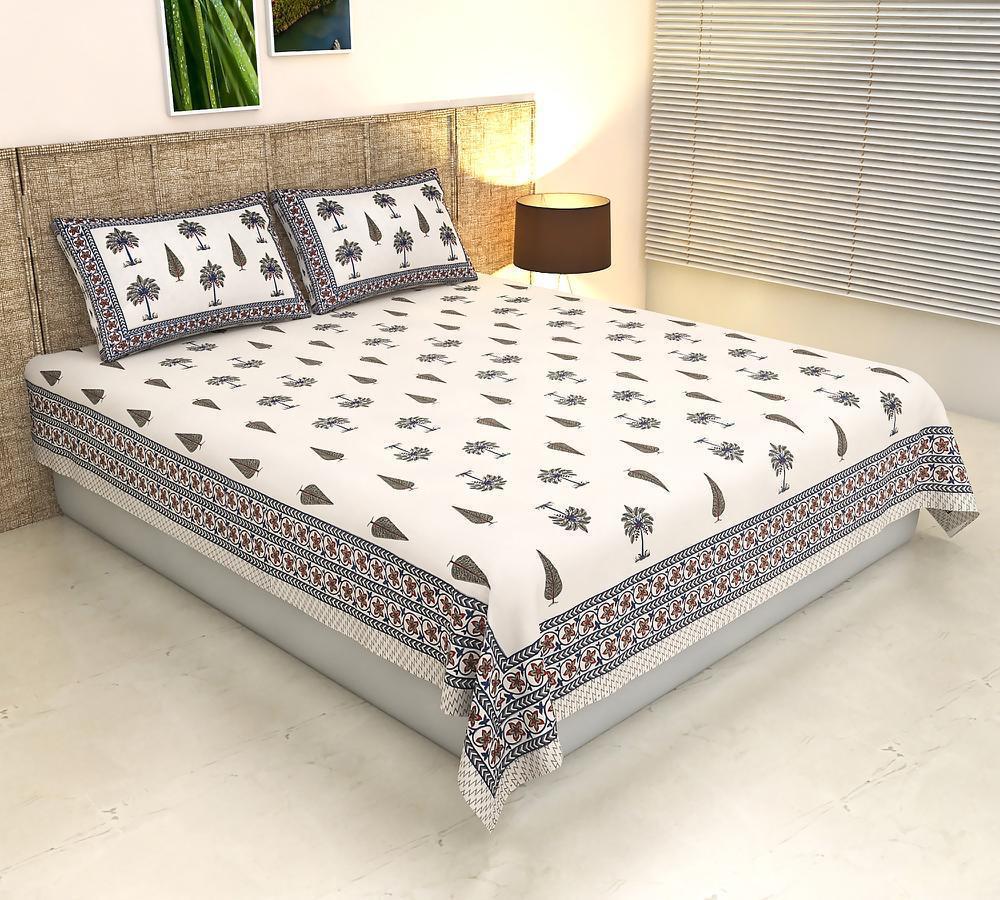 ArtbyKAMASK 100% Organic Cotton Hand Block Printed Double Bed Sheet - 210 TC Double Bed Sheet in Queen Size - Size - 90 X 108 Inches (228 x 274 cms) - 1 Bedsheet and 2 Pillow Covers - Deepti Blue and White