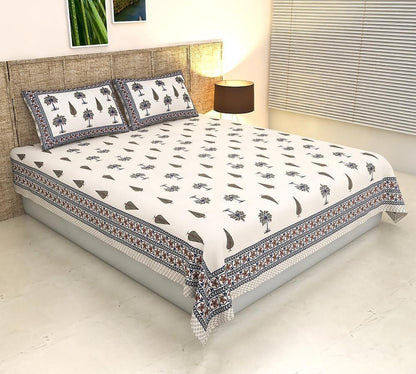 ArtbyKAMASK 100% Organic Cotton Hand Block Printed Double Bed Sheet - 210 TC Double Bed Sheet in Queen Size - Size - 90 X 108 Inches (228 x 274 cms) - 1 Bedsheet and 2 Pillow Covers - Deepti Blue and White