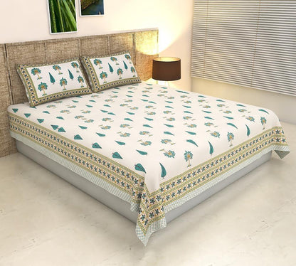 ArtbyKAMASK 100% Organic Cotton Hand Block Printed Double Bed Sheet - 210 TC Double Bed Sheet in Queen Size - Size - 90 X 108 Inches (228 x 274 cms) - 1 Bedsheet and 2 Pillow Covers - Deepti Blue and White
