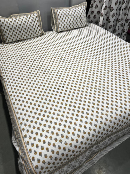 ArtbyKAMASK 100% Organic Cotton Hand Block Printed Double Bed Sheet - 210 TC Double Bed Sheet in King Size - Size - 108 X 108 Inches 274 x 274 cms) - 1 Bedsheet and 2 Pillow Covers - Dhanya Yellow + 2 Variants
