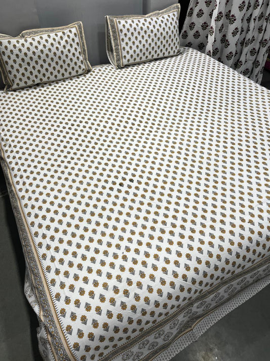 ArtbyKAMASK 100% Organic Cotton Hand Block Printed Double Bed Sheet - 210 TC Double Bed Sheet in King Size - Size - 108 X 108 Inches 274 x 274 cms) - 1 Bedsheet and 2 Pillow Covers - Dhanya Yellow + 2 Variants