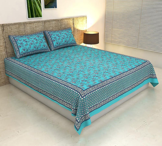 ArtbyKAMASK 100% Organic Cotton Hand Block Printed Double Bed Sheet - 210 TC Double Bed Sheet in Queen Size - Size - 90 X 108 Inches (228 x 274 cms) - 1 Bedsheet and 2 Pillow Covers - Dharini Blue + 2 Variants