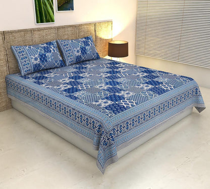 ArtbyKAMASK 100% Organic Cotton Hand Block Printed Double Bed Sheet - 210 TC Double Bed Sheet in Queen Size - Size - 90 X 108 Inches (228 x 274 cms) - 1 Bedsheet and 2 Pillow Covers - Diksha Red & Blue