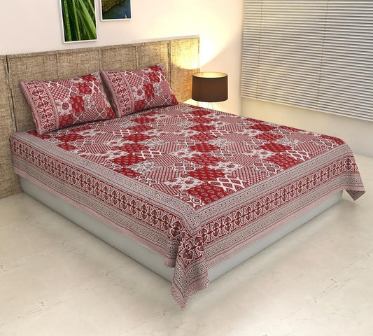 ArtbyKAMASK 100% Organic Cotton Hand Block Printed Double Bed Sheet - 210 TC Double Bed Sheet in Queen Size - Size - 90 X 108 Inches (228 x 274 cms) - 1 Bedsheet and 2 Pillow Covers - Diksha Red & Blue