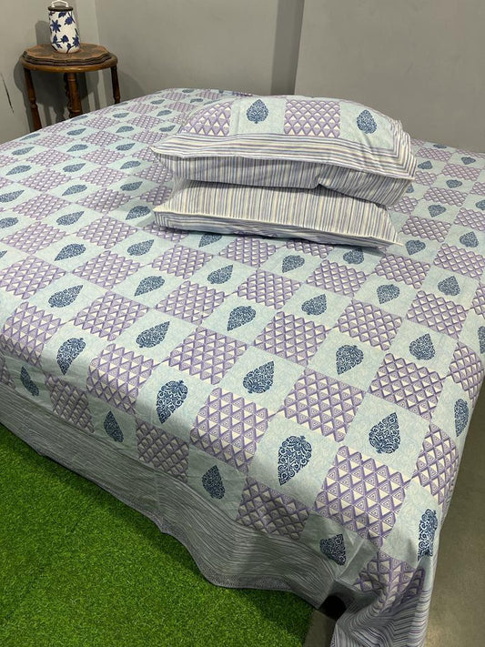 ArtbyKAMASK 100% Organic Cotton Hand Block Printed Double Bed Sheet I 210 TC Double Bed Sheet in King Size I Size - 108 X 108 Inches 274 x 274 cms) I 1 Bedsheet and 2 Pillow Covers I Ekta Blue + 2 Variants