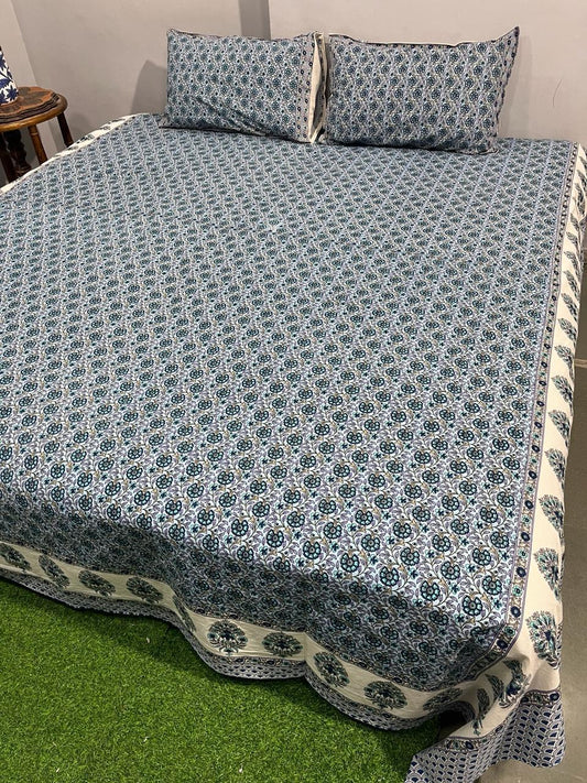 ArtbyKAMASK 100% Organic Cotton Hand Block Printed Double Bed Sheet I 210 TC Double Bed Sheet in King Size I Size - 108 X 108 Inches 274 x 274 cms) I 1 Bedsheet and 2 Pillow Covers I Ela Blue + 2 Variants