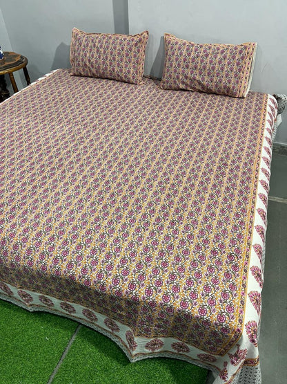 ArtbyKAMASK 100% Organic Cotton Hand Block Printed Double Bed Sheet I 210 TC Double Bed Sheet in King Size I Size - 108 X 108 Inches 274 x 274 cms) I 1 Bedsheet and 2 Pillow Covers I Ela Blue + 2 Variants