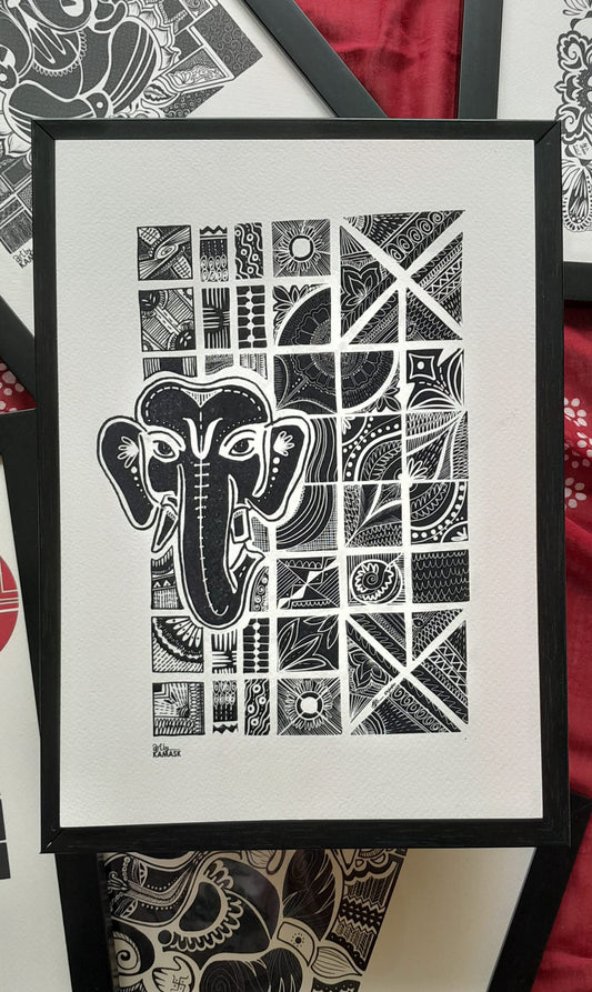 ArtbyKAMASK Originals Artwork Home Decor I A4 Size Frame with Acrylic Face I 9 x 12 Inches (29.7 x 21 cms) I Ganpati Abstract Artwork I Ganesh Abstract Grid - In Pen & Ink
