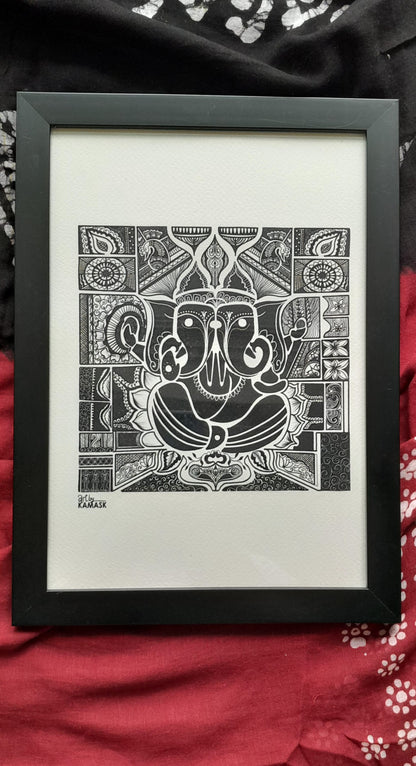 ArtbyKAMASK Originals Artwork Home Decor I A4 Size Frame with Acrylic Face I 9 x 12 Inches (29.7 x 21 cms) I Ganpati Abstract Artwork I Ganesh Dwimukhi Abstract Grid - In Pen & Ink