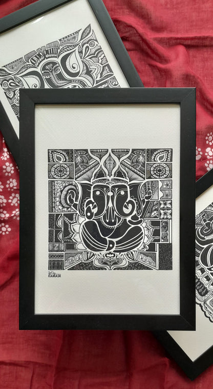 ArtbyKAMASK Originals Artwork Home Decor I A4 Size Frame with Acrylic Face I 9 x 12 Inches (29.7 x 21 cms) I Ganpati Abstract Artwork I Ganesh Dwimukhi Abstract Grid - In Pen & Ink