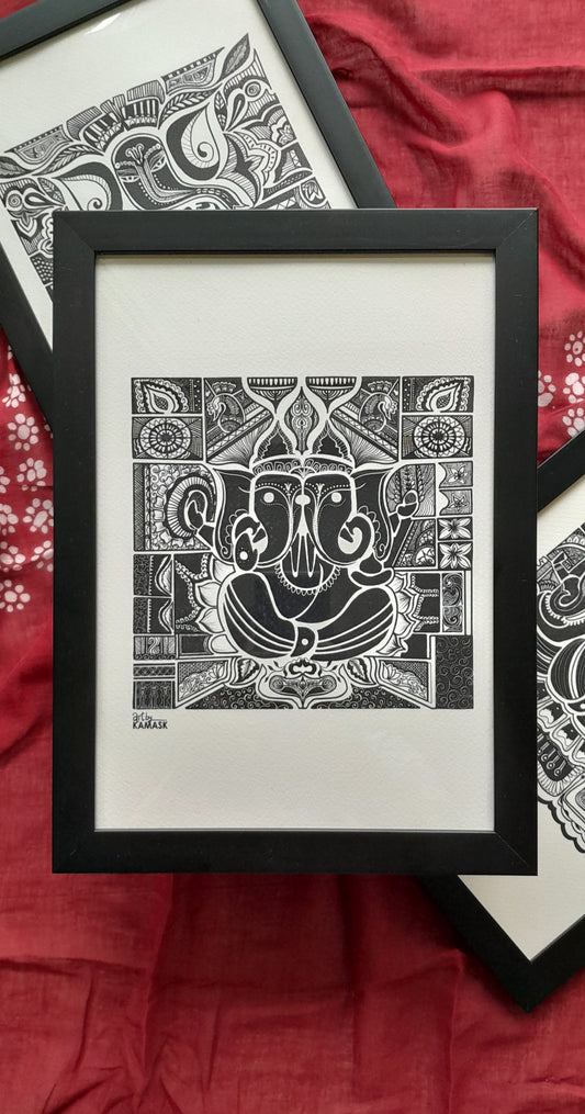 ArtbyKAMASK Originals Artwork Home Decor I A4 Size Frame with Acrylic Face I 9 x 12 Inches (29.7 x 21 cms) I Ganpati Abstract Artwork I Ganesh Dwimukhi Abstract Grid - In Pen & Ink
