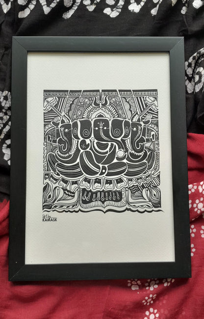 ArtbyKAMASK Originals Artwork Home Decor I A4 Size Frame with Acrylic Face I 9 x 12 Inches (29.7 x 21 cms) I Ganpati Abstract Artwork I Ganesh Trimukhi Abstract Grid - In Pen & Ink