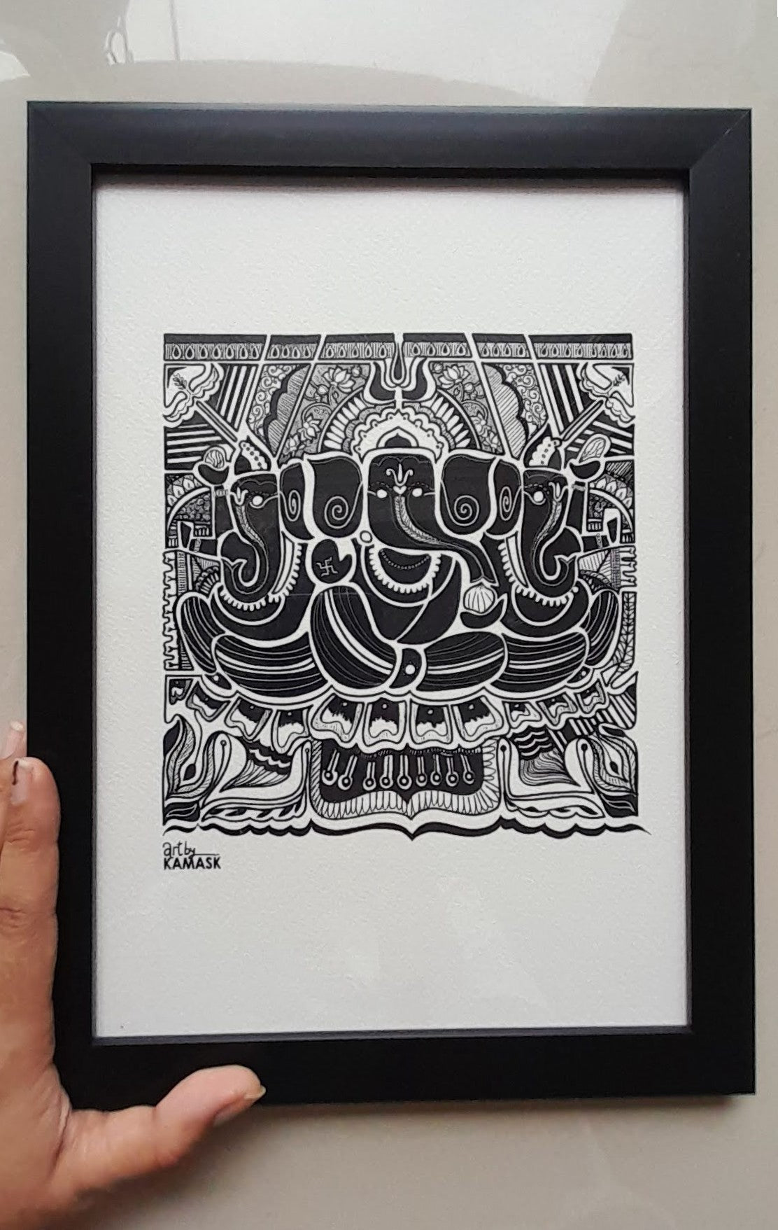 ArtbyKAMASK Originals Artwork Home Decor I A4 Size Frame with Acrylic Face I 9 x 12 Inches (29.7 x 21 cms) I Ganpati Abstract Artwork I Ganesh Trimukhi Abstract Grid - In Pen & Ink