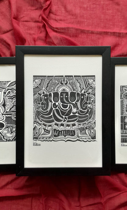 ArtbyKAMASK Originals Artwork Home Decor I A4 Size Frame with Acrylic Face I 9 x 12 Inches (29.7 x 21 cms) I Ganpati Abstract Artwork I Ganesh Trimukhi Abstract Grid - In Pen & Ink