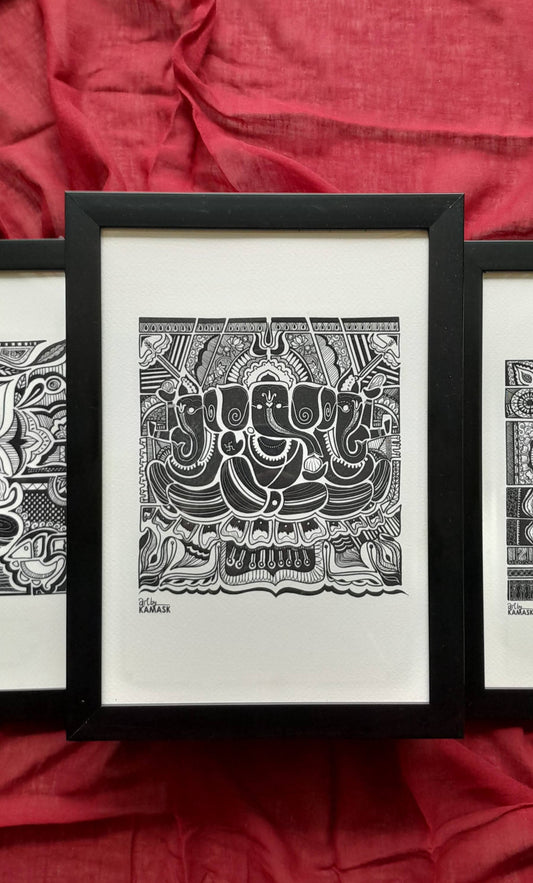 ArtbyKAMASK Originals Artwork Home Decor I A4 Size Frame with Acrylic Face I 9 x 12 Inches (29.7 x 21 cms) I Ganpati Abstract Artwork I Ganesh Trimukhi Abstract Grid - In Pen & Ink