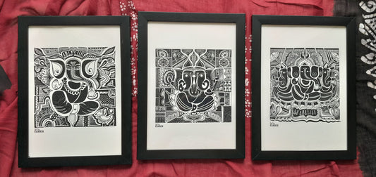ArtbyKAMASK Originals Artwork Home Decor I A4 Size Frame with Acrylic Face I 9 x 12 Inches (29.7 x 21 cms) I Ganpati Abstract Artwork I Ganesh Set of 3 Abstract Grid - In Pen & Ink