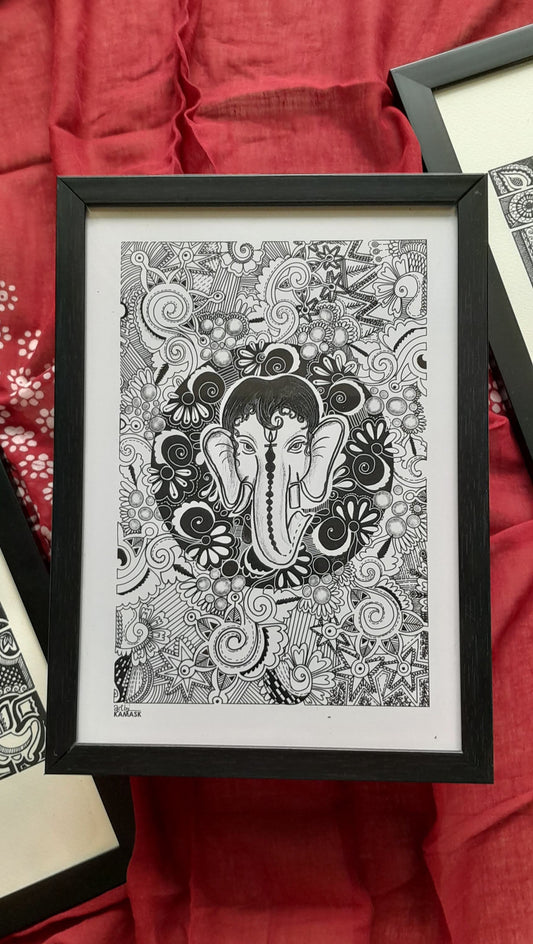 ArtbyKAMASK Originals Artwork Home Decor I A4 Size Frame with Acrylic Face I 9 x 12 Inches (29.7 x 21 cms) I Ganpati Abstract Artwork I Ekdant Dayawant Abstract Grid - In Pen & Ink