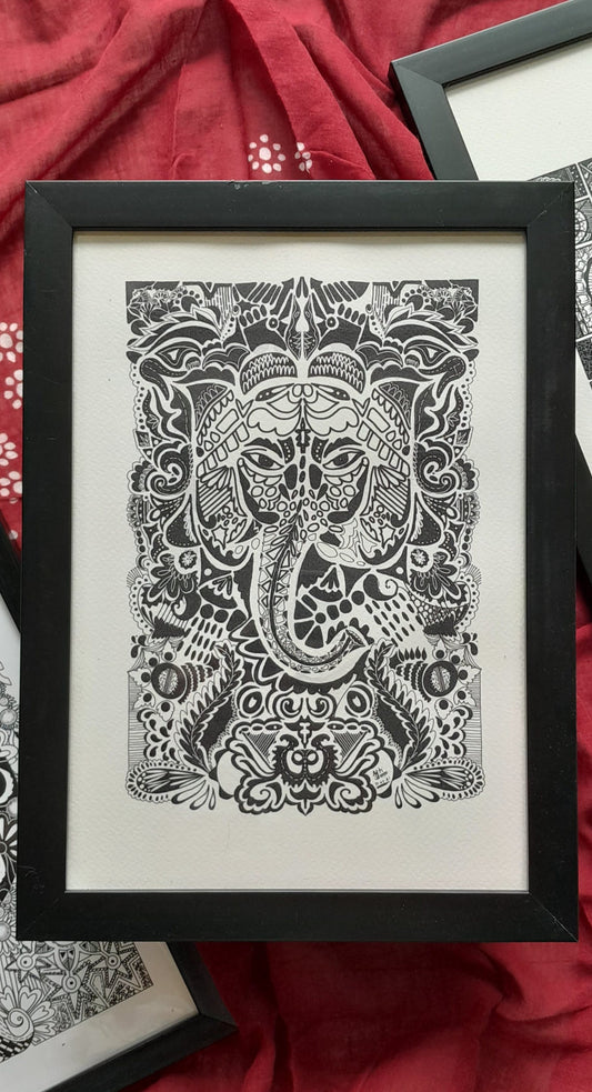 ArtbyKAMASK Originals Artwork Home Decor I A4 Size Frame with Acrylic Face I 9 x 12 Inches (29.7 x 21 cms) I Ganpati Abstract Artwork I The Immersed Ganesha Abstract Grid - In Pen & Ink